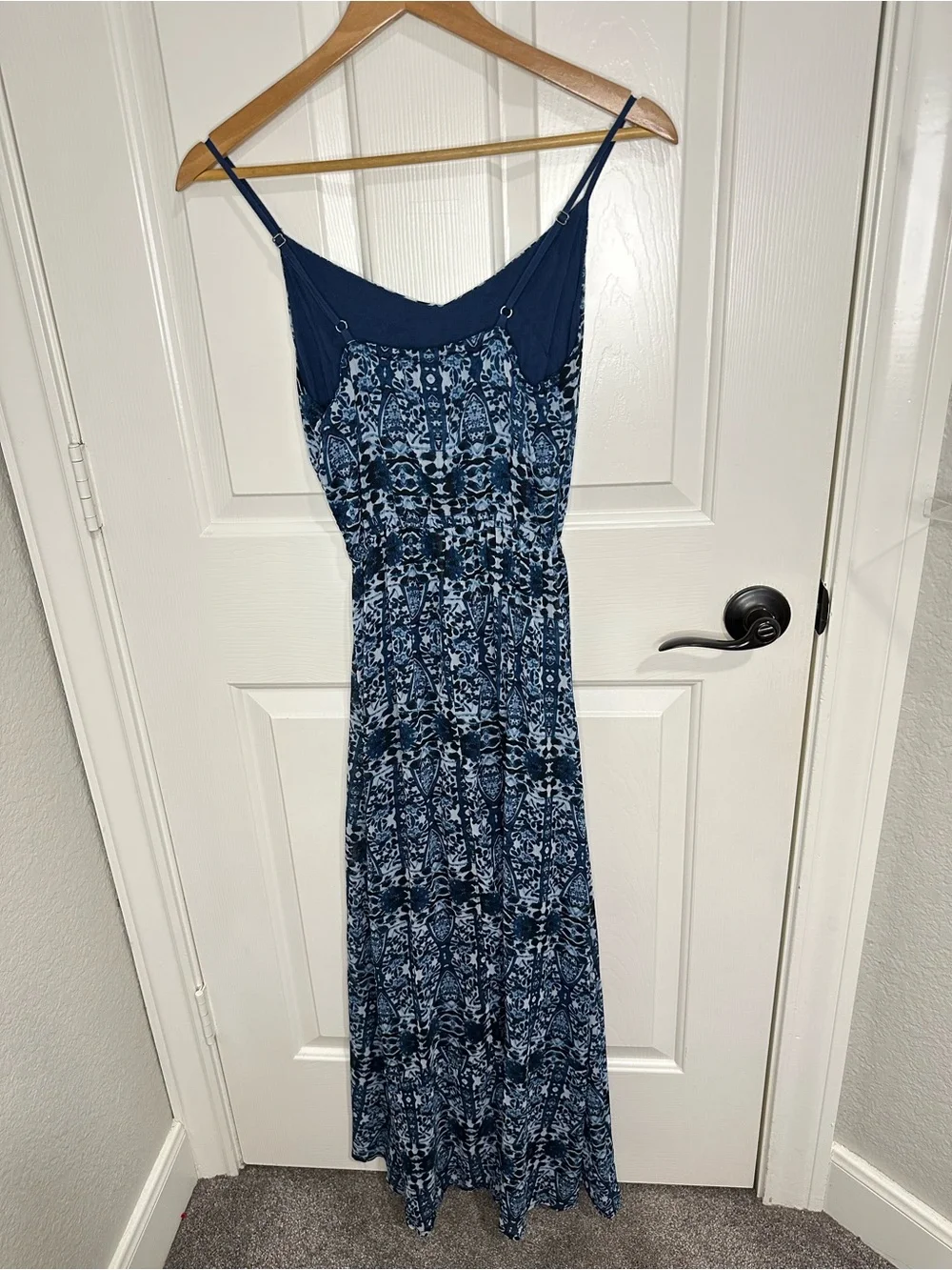 Y2K Abercrombie & Fitch Navy Blue Tie Dye Kaleidoscope Mesh Maxi Dress Sz S Boho